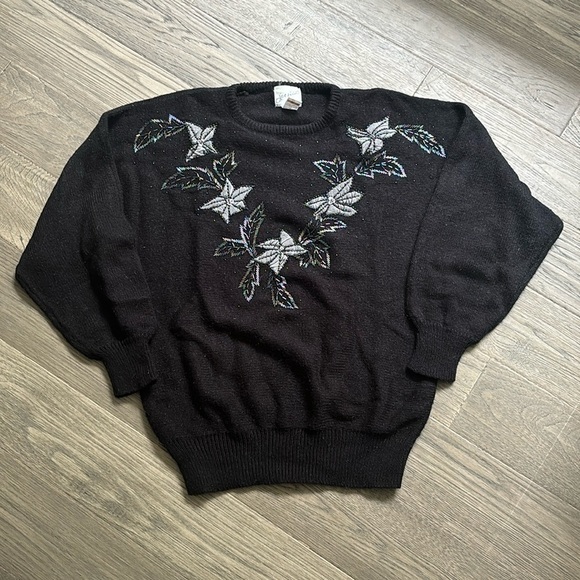 Jessica | Vintage black knit 1980’s beaded  floral sweater - Picture 1 of 9
